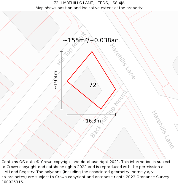 72, HAREHILLS LANE, LEEDS, LS8 4JA: Plot and title map