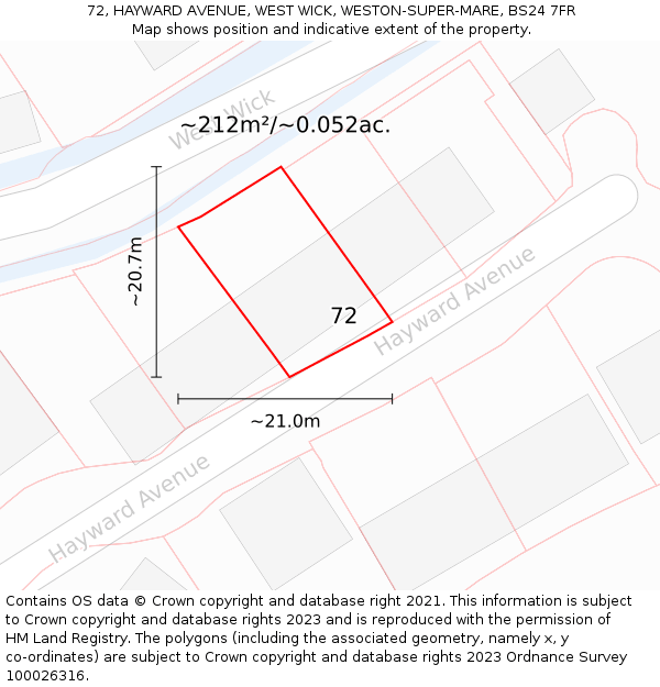 72, HAYWARD AVENUE, WEST WICK, WESTON-SUPER-MARE, BS24 7FR: Plot and title map