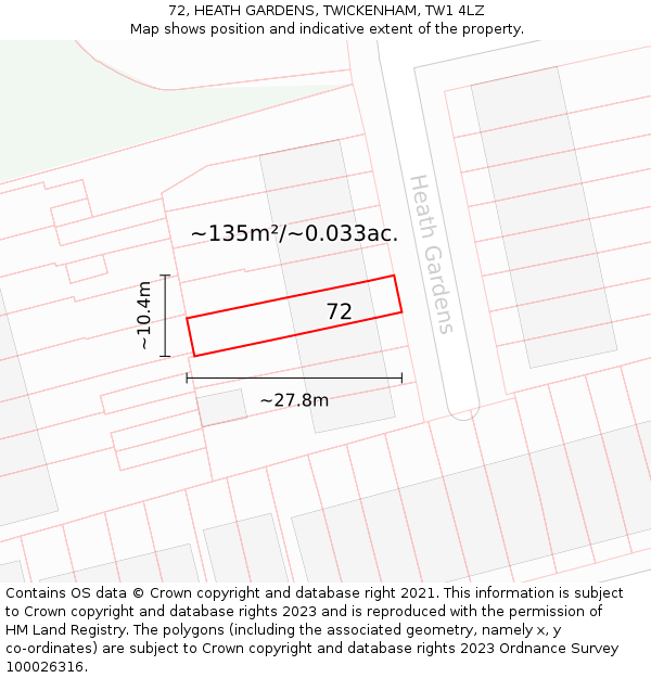 72, HEATH GARDENS, TWICKENHAM, TW1 4LZ: Plot and title map