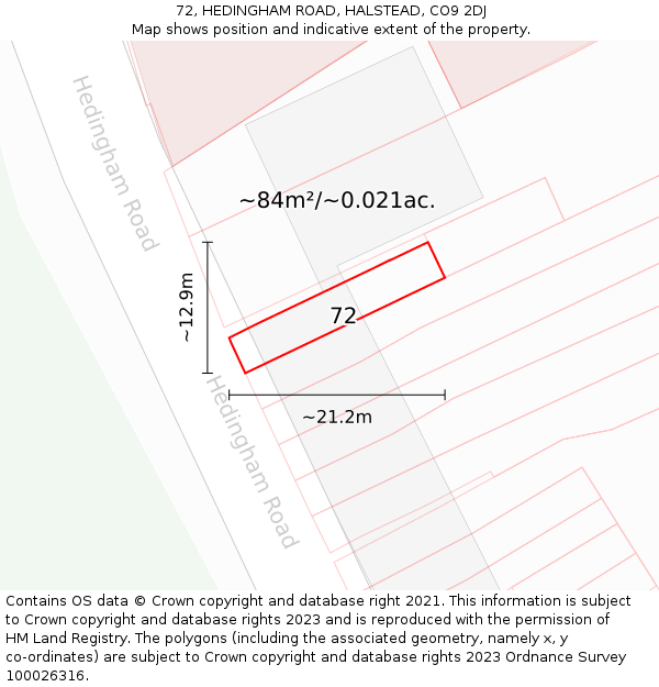 72, HEDINGHAM ROAD, HALSTEAD, CO9 2DJ: Plot and title map