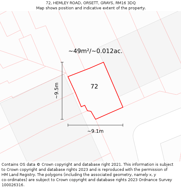 72, HEMLEY ROAD, ORSETT, GRAYS, RM16 3DQ: Plot and title map
