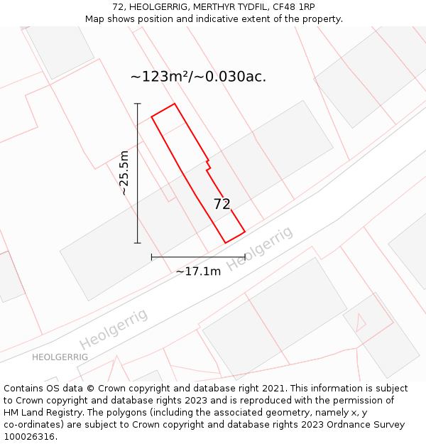 72, HEOLGERRIG, MERTHYR TYDFIL, CF48 1RP: Plot and title map
