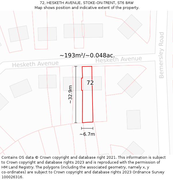 72, HESKETH AVENUE, STOKE-ON-TRENT, ST6 8AW: Plot and title map