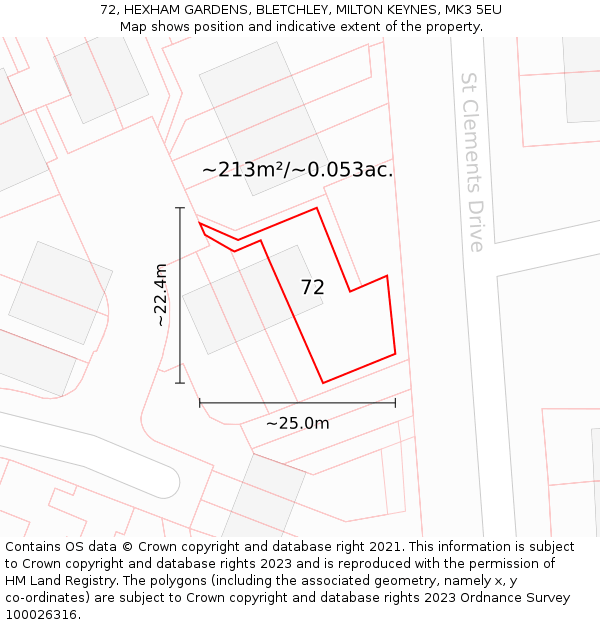 72, HEXHAM GARDENS, BLETCHLEY, MILTON KEYNES, MK3 5EU: Plot and title map