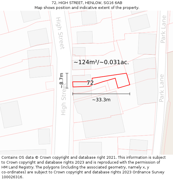 72, HIGH STREET, HENLOW, SG16 6AB: Plot and title map