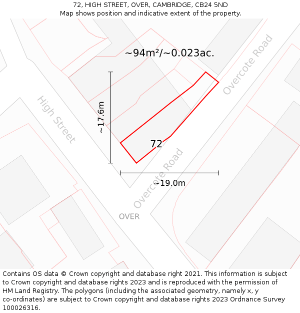 72, HIGH STREET, OVER, CAMBRIDGE, CB24 5ND: Plot and title map