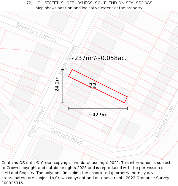 72, HIGH STREET, SHOEBURYNESS, SOUTHEND-ON-SEA, SS3 9AS: Plot and title map