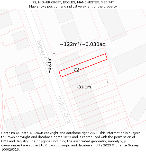 72, HIGHER CROFT, ECCLES, MANCHESTER, M30 7AT: Plot and title map