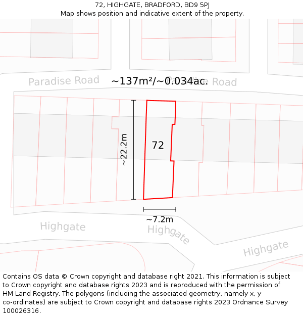 72, HIGHGATE, BRADFORD, BD9 5PJ: Plot and title map