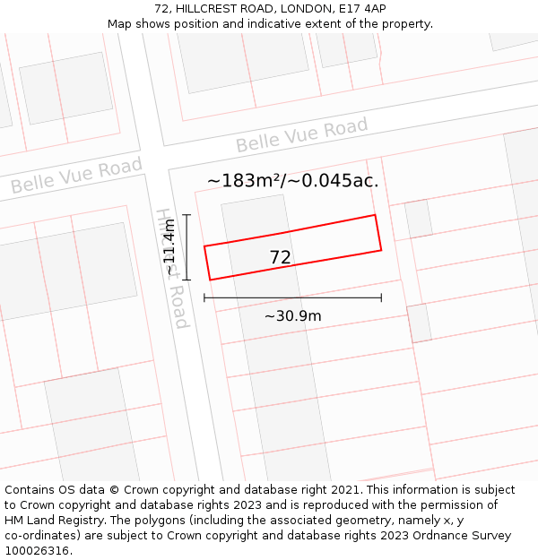 72, HILLCREST ROAD, LONDON, E17 4AP: Plot and title map