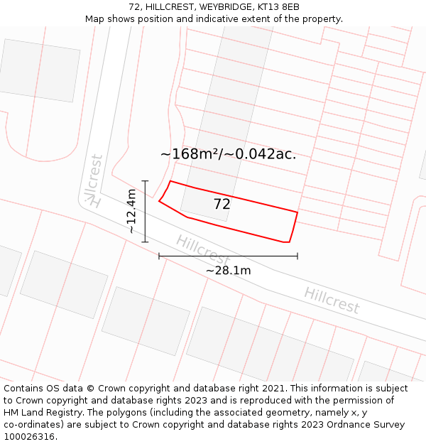 72, HILLCREST, WEYBRIDGE, KT13 8EB: Plot and title map