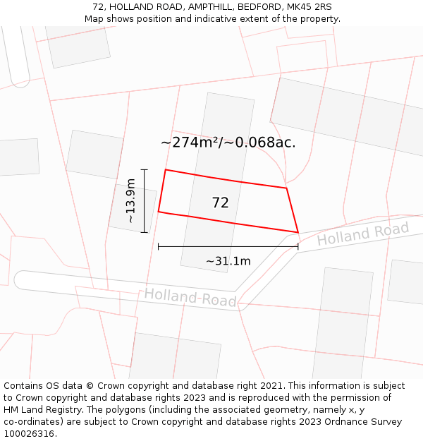 72, HOLLAND ROAD, AMPTHILL, BEDFORD, MK45 2RS: Plot and title map