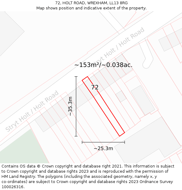 72, HOLT ROAD, WREXHAM, LL13 8RG: Plot and title map