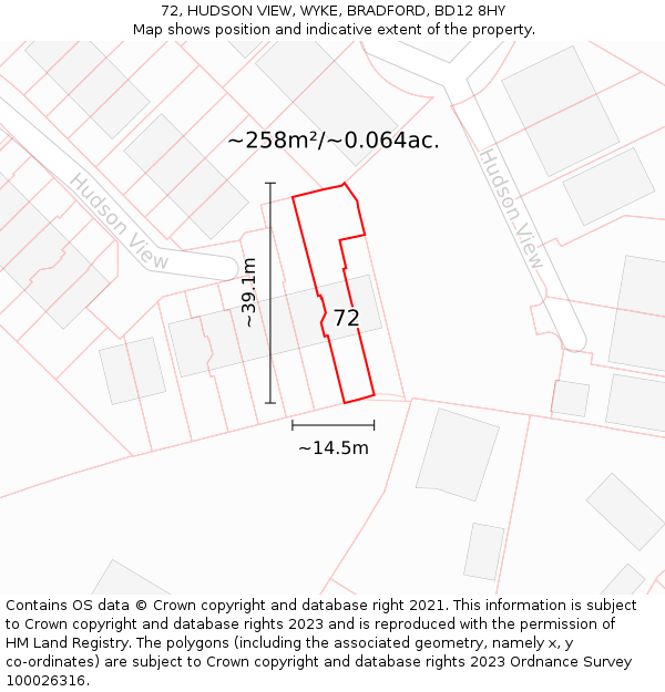 72, HUDSON VIEW, WYKE, BRADFORD, BD12 8HY: Plot and title map