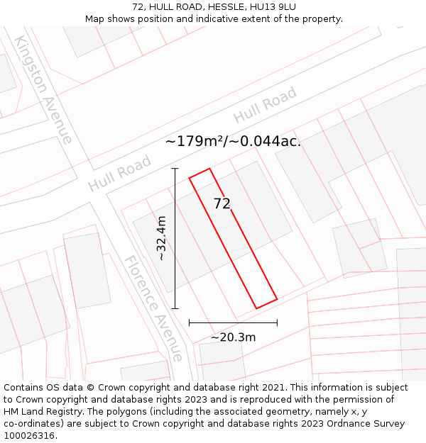 72, HULL ROAD, HESSLE, HU13 9LU: Plot and title map