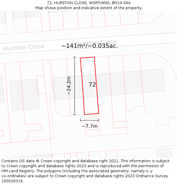 72, HURSTON CLOSE, WORTHING, BN14 0AX: Plot and title map