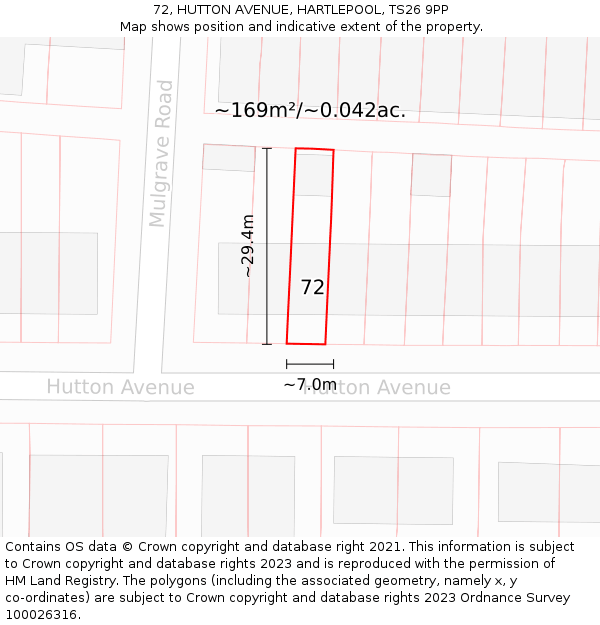72, HUTTON AVENUE, HARTLEPOOL, TS26 9PP: Plot and title map