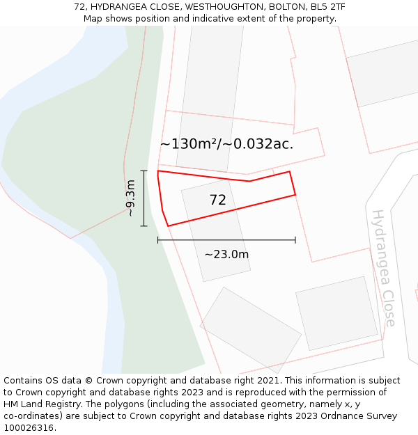 72, HYDRANGEA CLOSE, WESTHOUGHTON, BOLTON, BL5 2TF: Plot and title map