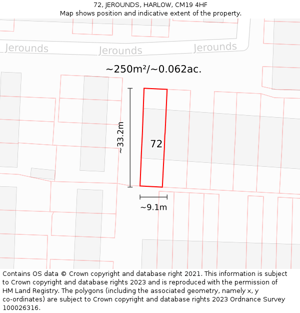 72, JEROUNDS, HARLOW, CM19 4HF: Plot and title map