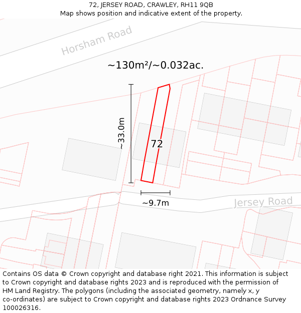 72, JERSEY ROAD, CRAWLEY, RH11 9QB: Plot and title map