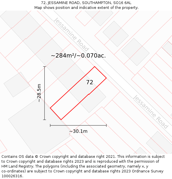 72, JESSAMINE ROAD, SOUTHAMPTON, SO16 6AL: Plot and title map