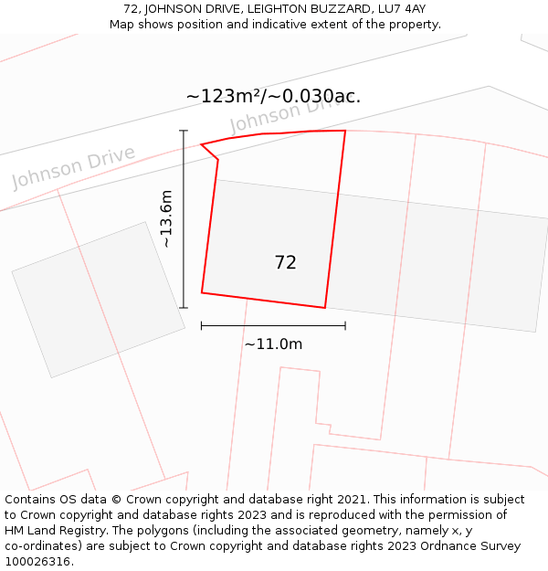 72, JOHNSON DRIVE, LEIGHTON BUZZARD, LU7 4AY: Plot and title map