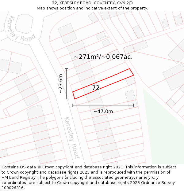 72, KERESLEY ROAD, COVENTRY, CV6 2JD: Plot and title map