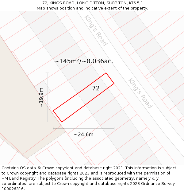 72, KINGS ROAD, LONG DITTON, SURBITON, KT6 5JF: Plot and title map
