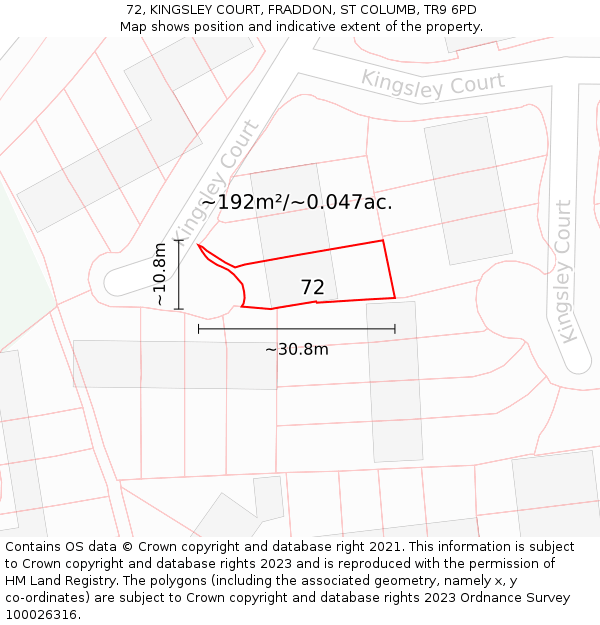 72, KINGSLEY COURT, FRADDON, ST COLUMB, TR9 6PD: Plot and title map