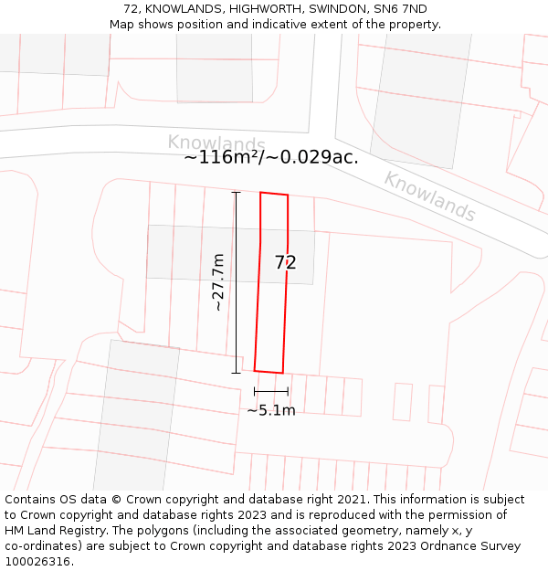 72, KNOWLANDS, HIGHWORTH, SWINDON, SN6 7ND: Plot and title map