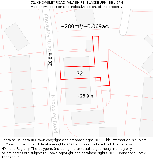 72, KNOWSLEY ROAD, WILPSHIRE, BLACKBURN, BB1 9PN: Plot and title map