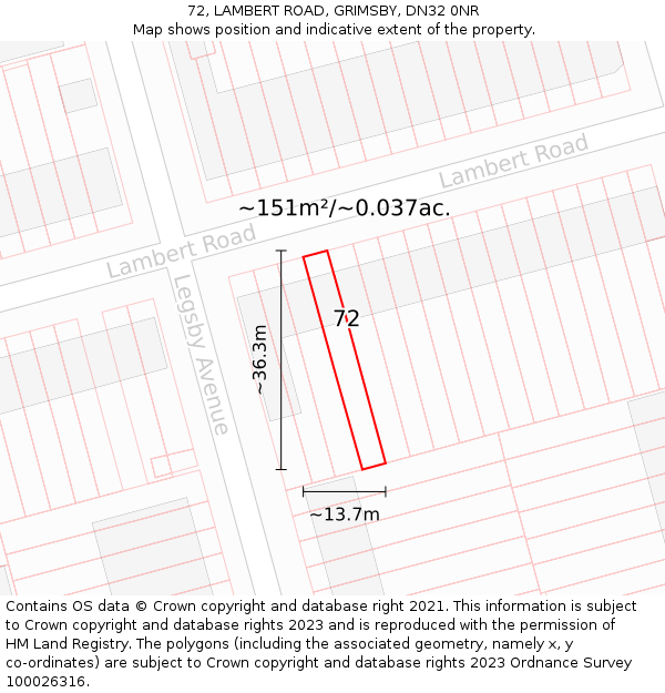 72, LAMBERT ROAD, GRIMSBY, DN32 0NR: Plot and title map