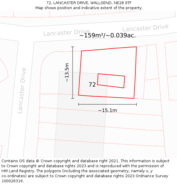 72, LANCASTER DRIVE, WALLSEND, NE28 9TF: Plot and title map