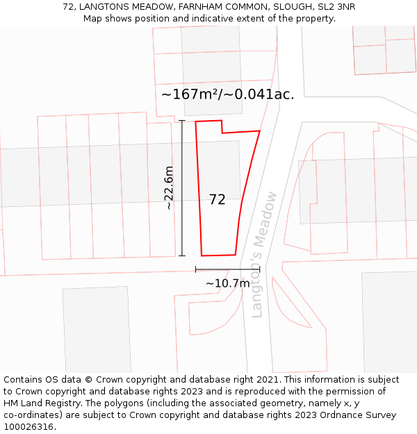 72, LANGTONS MEADOW, FARNHAM COMMON, SLOUGH, SL2 3NR: Plot and title map