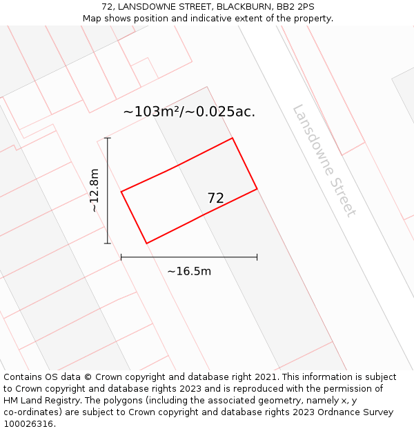 72, LANSDOWNE STREET, BLACKBURN, BB2 2PS: Plot and title map
