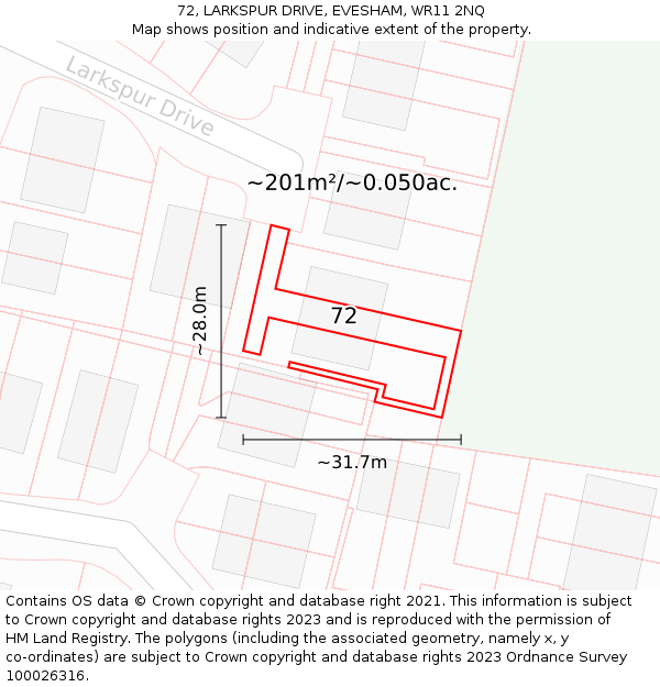 72, LARKSPUR DRIVE, EVESHAM, WR11 2NQ: Plot and title map