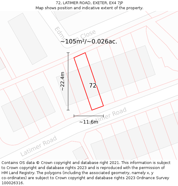 72, LATIMER ROAD, EXETER, EX4 7JP: Plot and title map
