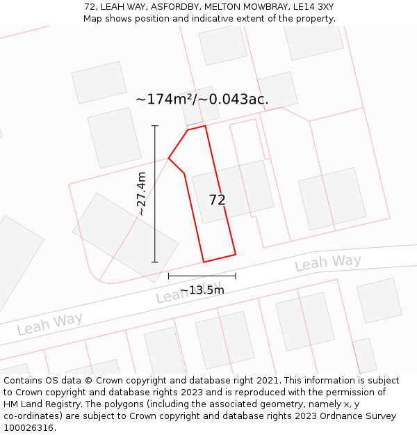 72, LEAH WAY, ASFORDBY, MELTON MOWBRAY, LE14 3XY: Plot and title map