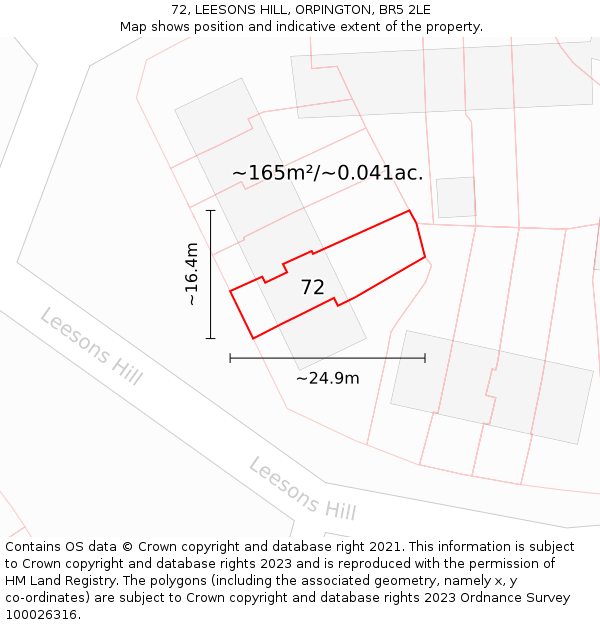 72, LEESONS HILL, ORPINGTON, BR5 2LE: Plot and title map