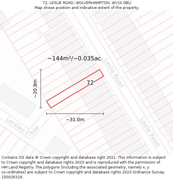 72, LESLIE ROAD, WOLVERHAMPTON, WV10 0BU: Plot and title map