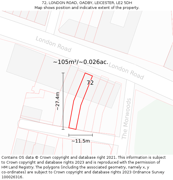 72, LONDON ROAD, OADBY, LEICESTER, LE2 5DH: Plot and title map