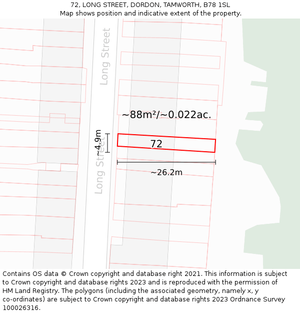 72, LONG STREET, DORDON, TAMWORTH, B78 1SL: Plot and title map