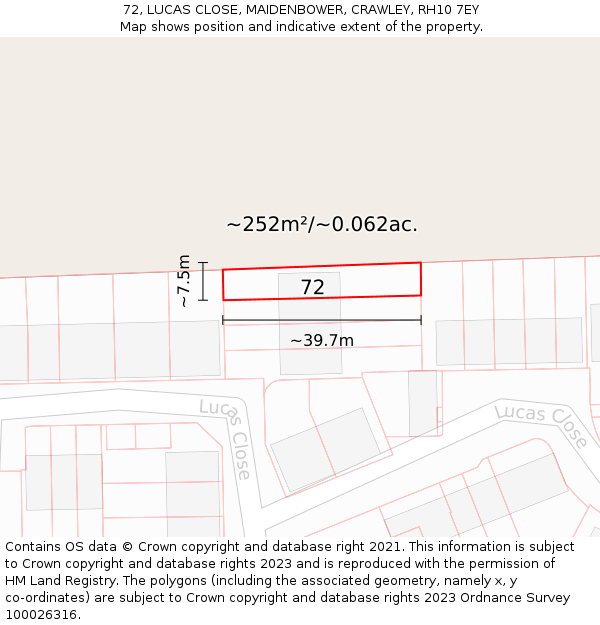 72, LUCAS CLOSE, MAIDENBOWER, CRAWLEY, RH10 7EY: Plot and title map