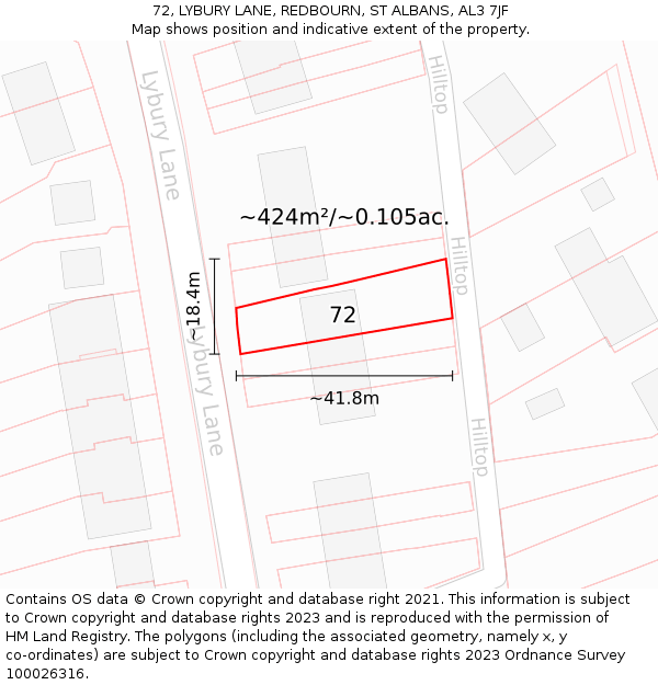 72, LYBURY LANE, REDBOURN, ST ALBANS, AL3 7JF: Plot and title map