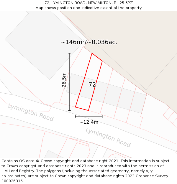 72, LYMINGTON ROAD, NEW MILTON, BH25 6PZ: Plot and title map