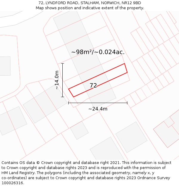 72, LYNDFORD ROAD, STALHAM, NORWICH, NR12 9BD: Plot and title map