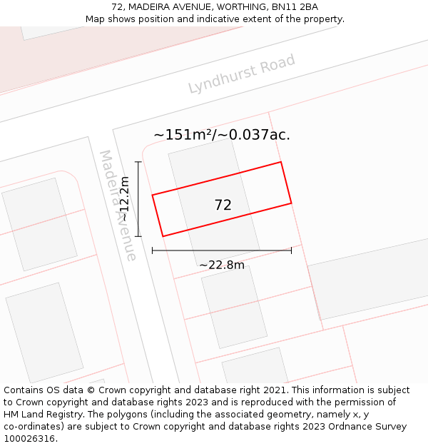 72, MADEIRA AVENUE, WORTHING, BN11 2BA: Plot and title map