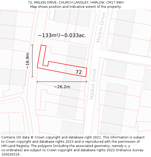 72, MALKIN DRIVE, CHURCH LANGLEY, HARLOW, CM17 9WH: Plot and title map