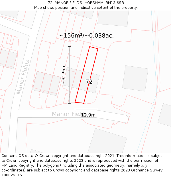 72, MANOR FIELDS, HORSHAM, RH13 6SB: Plot and title map