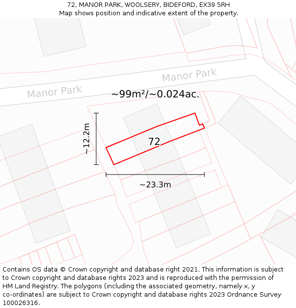 72, MANOR PARK, WOOLSERY, BIDEFORD, EX39 5RH: Plot and title map